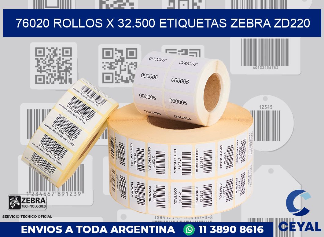 76020 Rollos x 32.500 etiquetas zebra zd220