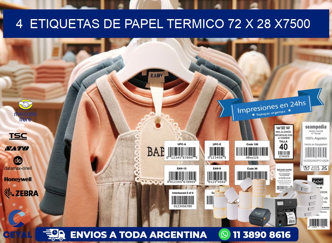 4 ETIQUETAS DE PAPEL TERMICO 72 x 28 X7500