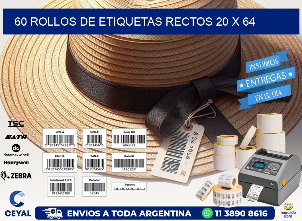 60 ROLLOS DE ETIQUETAS RECTOS 20 x 64
