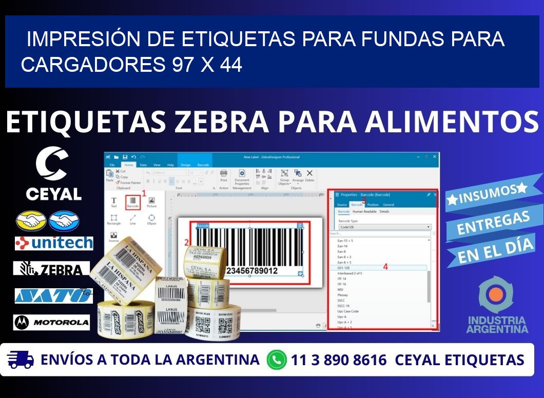IMPRESIÓN DE ETIQUETAS PARA FUNDAS PARA CARGADORES 97 x 44